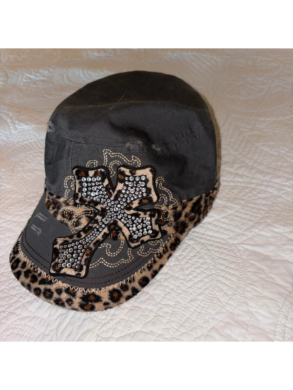 Alternative Grunge Y2K Leopard Print distressed Lined hat with Bedazzled Cross